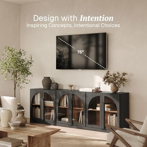 BELLEZE Bijou Set of 3 Modular Sideboard Cabinets (94.5" Extra Long) - 6-Door Media Console - Modern Arched Glass Buffet Credenza for Large Kitchen & Living Area- Ebony - Image 3