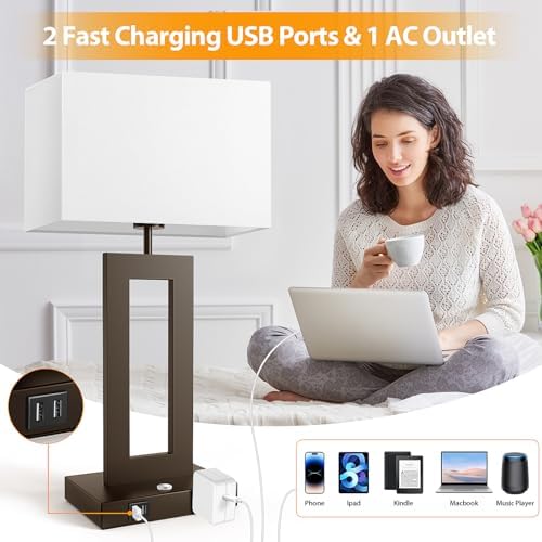3 Color Temperatures Brown Table Lamps for Bedrooms Set of 2, 22’’ Touch Control Bedside Nightstand Lamps with 2 USB Ports & AC Outlet, Modern Lamp Sets for Living Room, Stepless Dimming, White Shade - Image 5