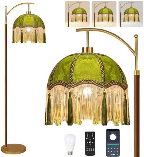 Green Floor Lamp for Living Room,Bedroom,Fringe Standing Lamp with Remote Dimmable, Victorian Mid Century Gold Arc Tall Lamp Boho Vintage Retro Wood Tassel Flower Unique Lamp Tiffany Decor by HTTDZMLIGHT