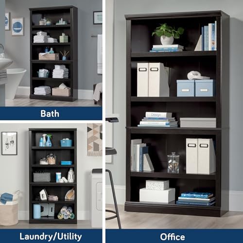 Sauder 5 Tier Book Shelf Wooden Bookcase Multipurpose Bookshelf for Home Office, Living Room, in Estate Black finish - Image 6