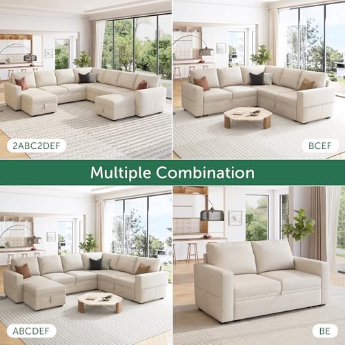 HONBAY Modular Sectional Sleeper Sofa with Pull Out Bed, L Shaped Couch with Storage Seat, Convertible Sectional Couches for Living Room, Beige - Image 5