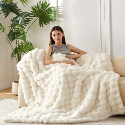 COOVA Soft Bubble Faux Fur Throw Blanket, 50"x60", Ivory White - Image 2