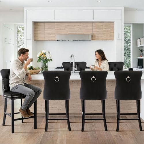 SoarFlash Modern Velvet Upholstered Bar Stools Set of 6 with Wood Legs, Button Tufted,Chrome Nailhead, Counterstool Seat, Armless Bar Chairs (Black) - Image 4