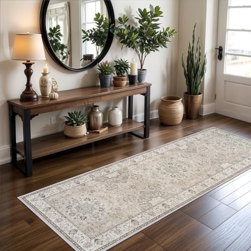 Washable 2x5 Hallway Runner Rug: Vintage Water Resistant Kitchen Entryway Rug Ultra Soft Living Room Bedroom Carpet with Non Slip Backing Indoor Low Pile Floor Mat for Bathroom Dining Room(2X5,Beige) - Image 6