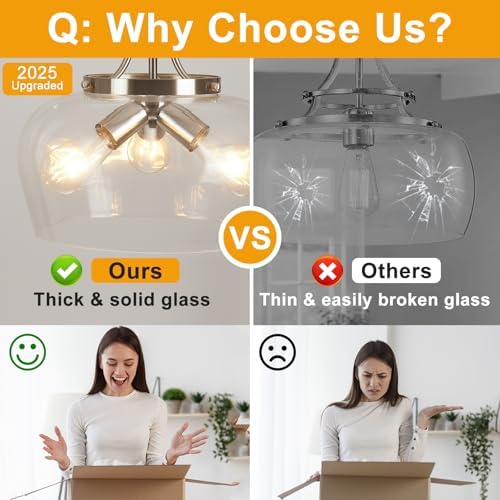Modern Pendant Lights Kitchen Island, 3-Light Brushed Nickel Pendant Light Fixtures with 14.2" Clear Glass Shade,Industrial Hanging Pendant Lights Fixture for Kitchen Island Dining Room Entryway Foyer - Image 6