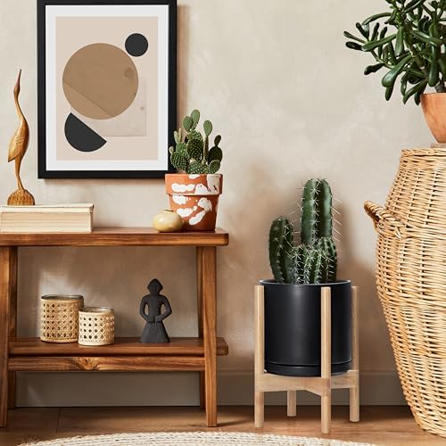 D'vine Dev Ceramic Pot with Natural Wood Stand, Black, 10 in, 55-B-K-2 - Image 6