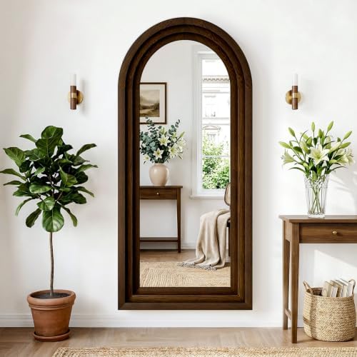 24"x65" Full Length Mirror Solid Wood Frame, Arched Floor Mirror Full Length with Stand, Room Decor Big Full Body Mirror with HD Tempered Glass for Bedroom, Living Room, Walnut Wood - Image 7