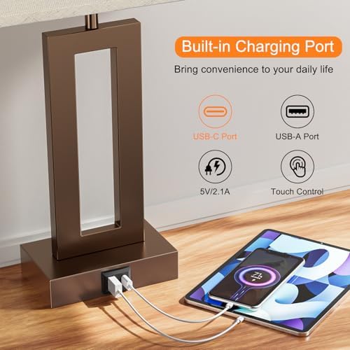 Seealle Bedroom Lamps for Night Stands - Touch Control, 3 Way Dimmable, USB C+A Charging, LED Bulbs, Easy Assembly(Yellow&Brown) - Image 3