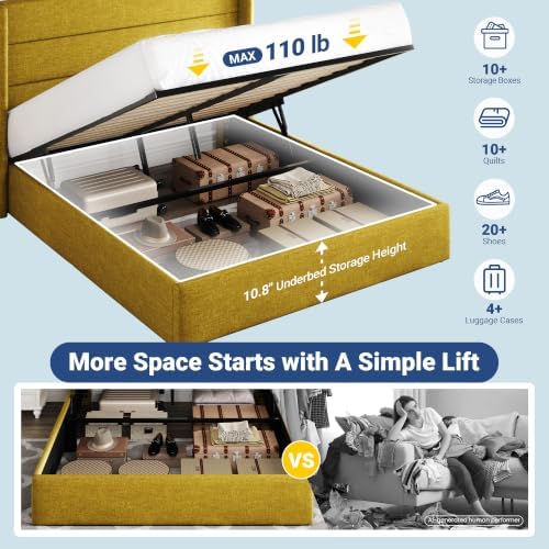 Allewie Queen Size Lift Up Hydraulic Storage Bed Frame Olive Yellow - Image 3