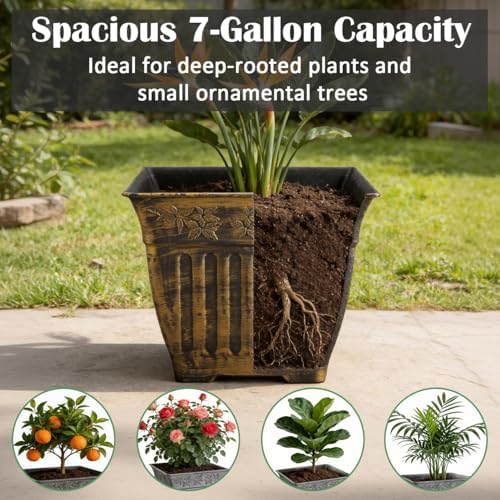 4-Pack 14 Inch Large Square Planters, Embossed Leaf Pattern, Antique Gold - Image 4