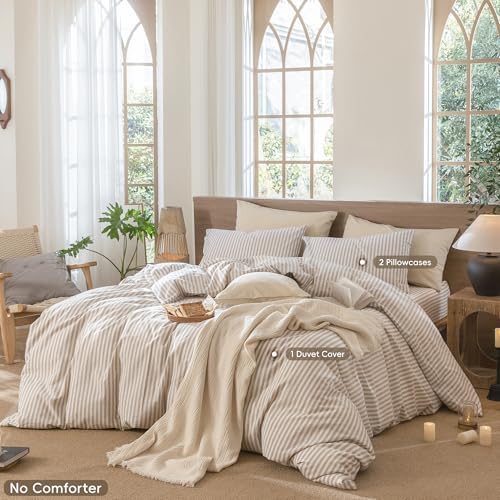 MooMee Striped Duvet Cover Set 100% Washed Cotton Linen Like - Image 2