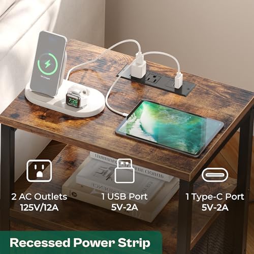 Huuger Nightstand with Charging Station, Side Table with Fabric Drawers - Image 4