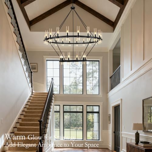 Black Wagon Wheel Chandelier 2 Tier, 60 Inch Chandeliers with Glass Shade, 30-Light Large Chandelier for High Ceiling, Modern Farmhouse Chandeliers for Living Room, Dining Room, Entryway and Staircase - Image 5