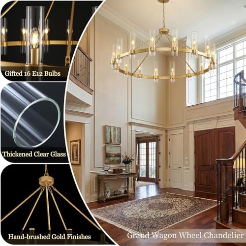 Gold Wagon Wheel Chandelier, 48 Inch Chandeliers with Glass Shade, 16 Light Chandelier for High Ceiling, Modern Farmhouse Chandeliers for Living Room, Dining Room, Entryway, Stairwell(Bulbs Included) - Image 3