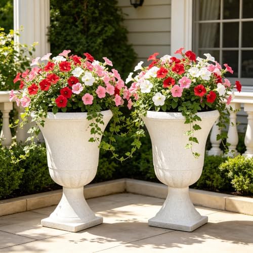 Autodaya 22" Large Urn Outdoor Planters Set of 2, White Terrazzo Plant Pots - Image 2