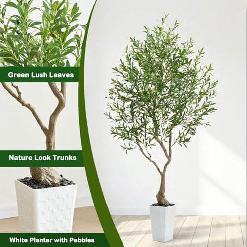 Olive Trees Artificial Indoor, 7FT Fake Plant in White Tall Planter - Image 6