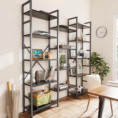 SUPERJARE Triple Bookshelf, Bookcase with 14 Open Display Shelves, Wide Book Shelf Book Case for Home & Office, 5 Tier, Black - Image 2