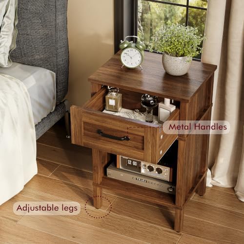 Farmhouse Nightstand with Drawer, Small Wood Bedside Table, Rustic Side Table, Modern End Table with Drawer, Retro Wooden Red Brown Night Stand for Bedroom - Image 4