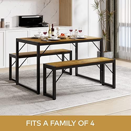Gizoon 45.5" Dining Table Set for 4, Kitchen Table with 2 Benches Retro - Image 2