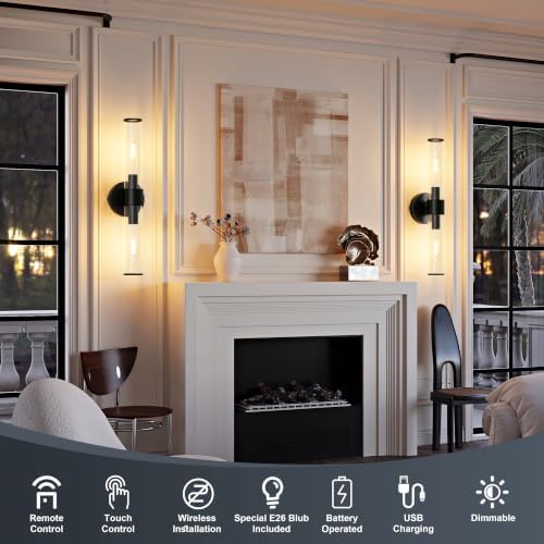 Morauroral Black Battery Operated Wall Sconces Set of 2, Rechargeable Wall Lights with Remote, 20 Inch Modern Wireless Wall Lamp for Bedroom, Living Room with Glass Shade (Bulbs Included) - Image 2