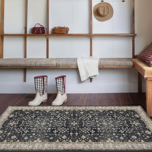 Black Entryway 2x5 Runner Rug, Small Throw Runners for Kitchen Bedroom Bathroom Laundry Room, Vintage Floral Decor & Non-Slip Low-Pile Washable Stain Resistant, Dark Ashen Charcoal by HazoHaus