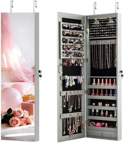 NAFORT 2 LEDs Mirror Jewelry Cabinet, 47.5-Inch Tall Wall or Door Mounted Jewelry Organizers and Storage with Frameless Full-length Mirror, Lockable Jewelry Armoire with 2 Drawers, Gray by NAFORT