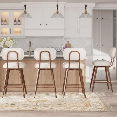MALOL 26“ Swivel Bar Stools Set of 4, Mid Century PU Leather Counter Height Bar Chairs with Low Back and Metal Legs, Modern Bar Stool Chair for Kitchen Island, Beige by MALOL