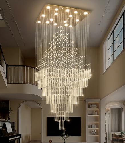HAIXIANG W40 x H120 Glam Chandelier with LED Bulbs Square Chandeliers, Crystal Raindrop High Ceiling Pendant Light for Entrance Large Villa Foyer Lighting Fixtures Gold - Image 4