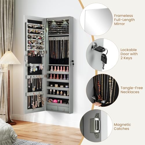 NAFORT 2 LEDs Mirror Jewelry Cabinet, 47.5-Inch Tall Wall or Door Mounted Jewelry Organizers and Storage with Frameless Full-length Mirror, Lockable Jewelry Armoire with 2 Drawers, Gray - Image 3