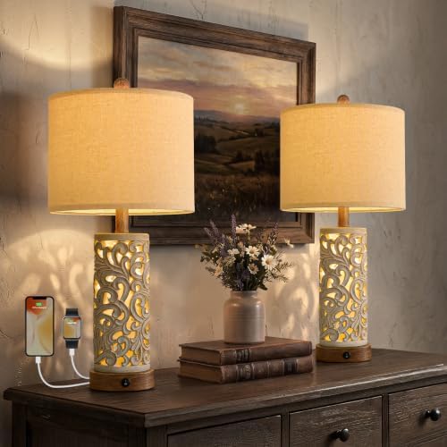OYEARS 22'' Table Lamp Set of 2 for Living Room,Farmhouse Lamp for for Bedroom,Vintage Retro Bedside Lamps with USB Ports Linen Shade for Home Office (Brown, Bulb Included) by OYEARS