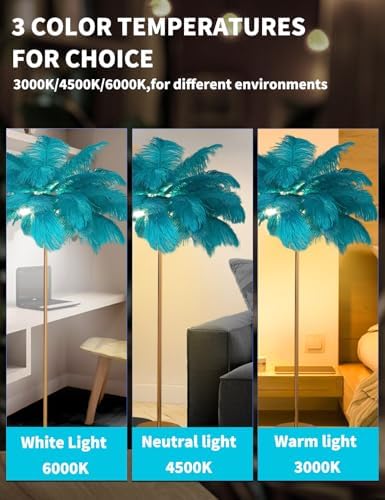Feather Floor Lamp,Fluffy Ostrich Feather Floor Lamp for Bedroom,3 Color Temperatures Led Corner Modern Floor Lamps for Living Room Christmas Home Decor House Warming Gifts,63″ Height (Peacock Blue) - Image 3