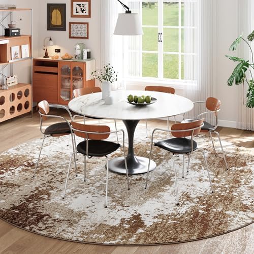 Brown Round Area Rugs 4ft Washable Circle Rug for Entryway Kitchen, Non Slip Soft Low Pile Stain Resistant, Boho Circular Carpet for Living Room Bedroom Dorm Dining Room Table, Abstract Coffee - Image 4