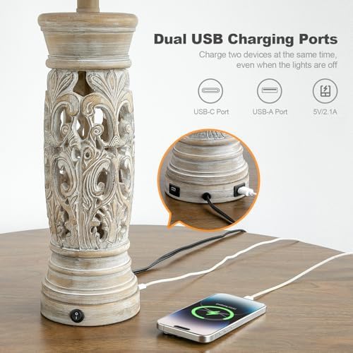 27.25”Farmhouse Table Lamps Set of 2 with Night Light, Rustic Bedside Lamp - Image 4