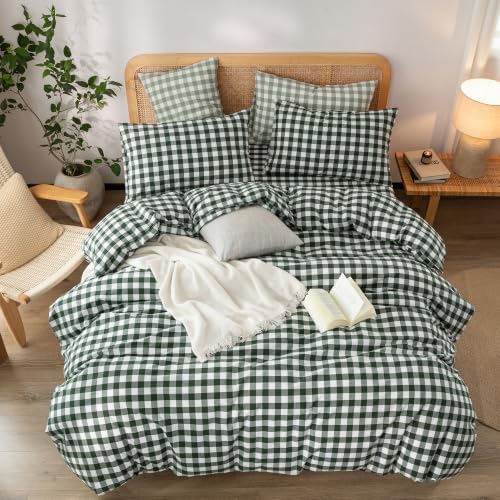 BESTOUCH Gingham Cotton Duvet Cover Set Green Super Queen - Image 3