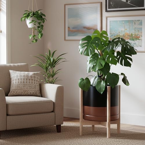 D'vine Dev Ceramic Pot with Natural Wood Stand, Black/Tan, 14 in, 55-B-R-7 - Image 6
