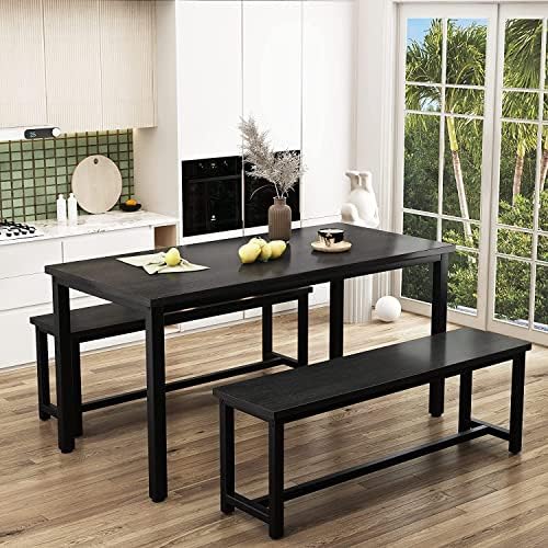 Dining Room Table Set with 2 Benches, Farmhouse Dining Table Set for 4-6, Wood Breakfast Table Set Dinner Table Set Kitchen Table and Chairs for Breakfast Nook Small Spaces, Black - Image 2