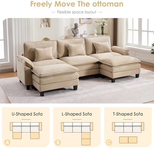 URRED Oversized Modular Sectional Sofa，Solid Khaki：122" U Shaped - Image 3