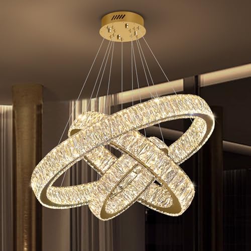 Modern Led Gold Ring Chandelier Luxury 3 Ring Crystal Chandelier Led Dimmable Light for Dining Room Height Adjustable Led Pendant Light 32''+24''+16'' - Image 3