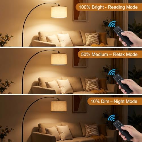 Arc Floor Lamps with Remote Control and Stepless Dimmable Color Temperature and Brightness Standing Lamp with Adjustable Beige Hanging Shade Pole Lamp for Bedroom Office, 9W Bulb Included, Black - Image 7