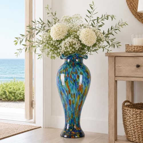 20" Tall Hand Blown Glass Vase – Pretty Ruffle Wide Mouth Decorative Flower Vase, for Modern Home Decor, Ideal Centerpiece for Living Rooms, Wedding & Home Decor by LINYTHER