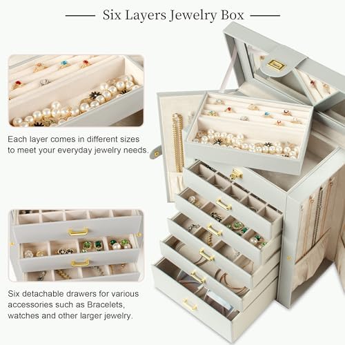 AKOZLIN 6-Tier Jewelry Box Organizer 5 Drawers Storage Grey Large - Image 3