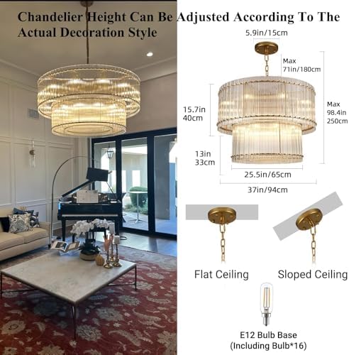 3-Tier Modern Gold Round Chandelier, 37" Water Ripple Crystal Glass Chandeliers for High Ceiling,16-Lights Luxury Adjustable Hanging Chandelier for Living Room, Foyer, Staircase, Dining Room, - Image 2