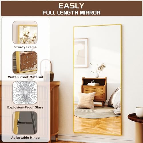 Easly Full-Length Mirror, 24"x68" Floor Mirror with Stand, Wall-Mounted Mirror for Bathroom, Dressing Room - Hanging or Leaning - Full Body Mirrors for Bedroom, Gold - Image 5