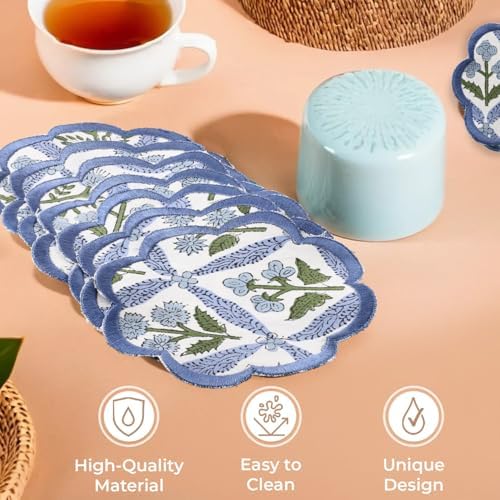 Ridhi 8-Pcs 100% Cotton Hand Block Print Drink Coasters 5" in Steel Blue - Image 3