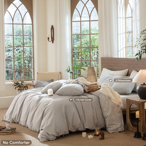 MooMee Wavy Striped Duvet Cover Set 100% Washed Cotton Linen Like Textured Breathable Durable Soft Comfy (Light Grey, Palatial King/Oversized King 120"x98") - Image 2