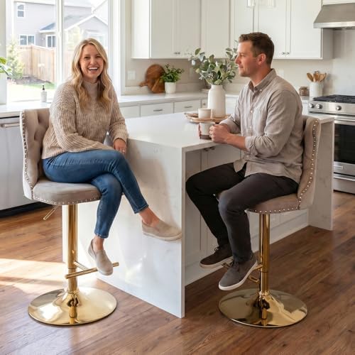 SoarFlash Velvet Bar Stool Set of 2, Adjustable Swivel Bar Stools with Gold Plated Metal Leg, Button Tufted, Footrest, Chrome Nailhead, Counter Height Chair for Kitchen, Bar, Dining Room (Beige) - Image 4