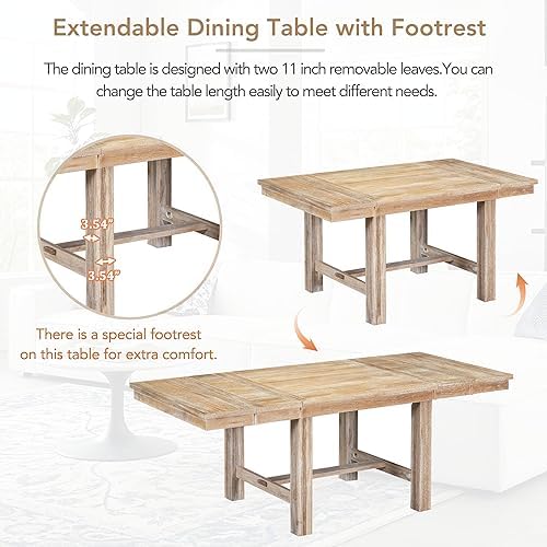 Farmhouse 6-Piece Extendable Dining Room Table Sets, Acacia Wood 82'' Dining Table with 2 Removable Leaf and Upholstered Dining Chairs& Bench, Soft Cushion with Rivet (Natural+Be) - Image 6