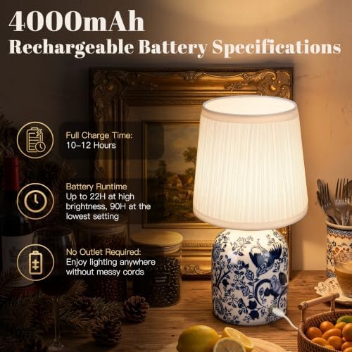 ShineTech Rechargeable Cordless Small Ceramic Table Lamps Set of 2, Blue - Image 5