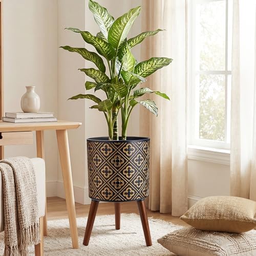 nacltlo12 Inch Plant with Stand Planter for Indoor Plants Large Modern Mid-Century Plant Pots Indoor Outdoor with Drainage for Home Garden Patio,Black and Gold - Image 6