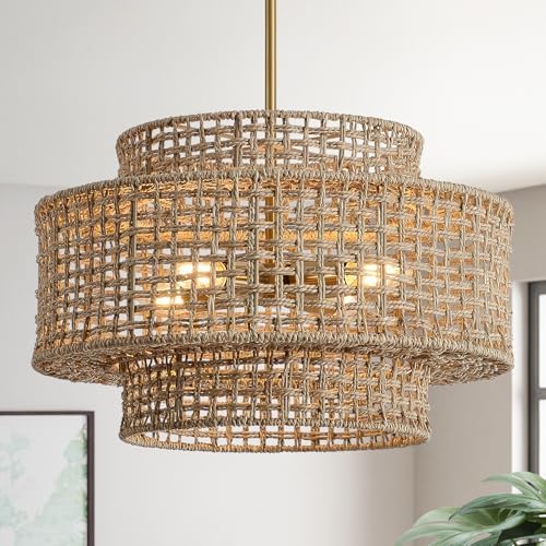 17.7" Rattan Chandelier for Dining Room, Large Boho Pendant Light by InterMaka